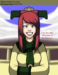  alternate_costume alternate_hairstyle avatar_the_last_airbender brown_eyes clothed cosplay empty_eyes female_only femsub flashpointgear forced_employee happy_trance headdress joo_dee looking_at_viewer mitsuru_kirijo nickelodeon persona_(series) persona_3 pov red_hair smile solo text 