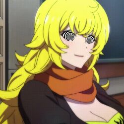 animated animated_eyes_only animated_gif bangs blonde_hair cleavage clothed female_only femsub happy_trance long_hair manip rwby scarf screaming-sheldon smile solo spiralwash_eyes tagme yang_xiao_long