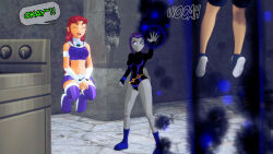  aware closed_eyes clothed dc_comics dialogue dogdog english_text floating goth grey_skin magic purple_eyes purple_hair raven red_eyes starfire text 