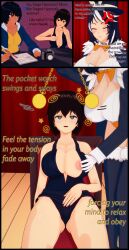  3d absurdres angry before_and_after black_hair blue_eyes bow_tie breast_fondling breasts brown_eyes brown_hair cleavage clipboard closed_eyes comic denial dialogue english_text expressionless female_only femdom femsub hana_(thehguy) heavy_eyelids jacket koikatsu! large_breasts leaning_forward light_skin magician mole natasha_hinoa_(anno) nipples open_clothes original pocket_watch shirt sitting smile spiral_eyes stage stage_hypnosis standing symbol_in_eyes tan_skin text thehguy thighhighs top_hat 
