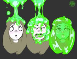  bimbofication brown_hair closed_eyes drone female_only grey_background hypnotichyphae long_hair open_mouth sequence signature simple_background slime spiral_eyes 
