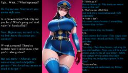    ai_art black_hair blue_skirt caption caption_only eternalchaos_(manipper) evil_smile femdom financial_domination hypnotic_breasts large_breasts malesub patience_ai police_uniform policewoman pov_sub ruined_life simple_background skirt smirk 