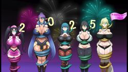 akame_ga_kill! black_hair blonde_hair byleth_eisner coils elf_ears erect_nipples_under_clothes fire_emblem fire_emblem_three_houses fireworks green_hair hair_ribbon happy_trance hat high_school_dxd huge_breasts infinite_stratos judith_(tales) kaa_eyes leone midriff multiple_girls multiple_subs navel new_years nintendo orimura_chifuyu purple_hair rubyred_(va) serafall_leviathan shinzu short_hair skirt smile snake sound standing starlieskye_(va) tales_of_(series) tales_of_vesperia text thighhighs twintails very_long_hair video voice_acted