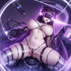  ai_art anal black_hair cameltoe clothed_exposure collar corruption drool erect_nipples female_only femsub gloves glowing harness huge_breasts long_hair navel nipples open_mouth pussy_juice restrained sex_machine solo spread_legs sweat tech_control thick_thighs thighhighs tomachin_(generator) tongue tongue_out very_long_hair visor wires 