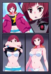  ai_art bandai_namco bra breasts cleavage comic digimon digimon_beatbreak empty_eyes expressionless eye_color_change femsub hellsing002_(generator) instant_loss orange_hair panties red_eyes red_hair reina_sakuya undressing 