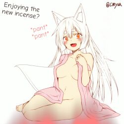  animated animated_gif blush bottomless breasts edgeofthemoon_(manipper) female_only femsub fox_girl happy_trance heart heart_eyes large_breasts manip open_clothes symbol_in_eyes text very_long_hair white_hair yellow_eyes 