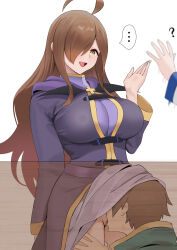  ahoge aqua_(konosuba) breasts brown_eyes brown_hair clothed confused cunnilingus eyebrows_visible_through_hair femsub hair_covering_one_eye kazuma_satou kono_subarashii_sekai_ni_shukufuku_wo! large_breasts long_hair maledom multiple_girls simple_background smile speech_bubble time_stop tongue tongue_out unaware white_background wiz_(konosuba) wu_mai_mianbao_(rlity) 