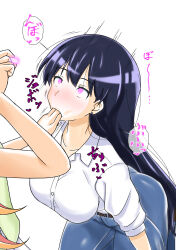  bangs belt black_hair blush clothed drool earrings expressionless female_only femdom femsub finger_sucking glowing_eyes hypnotic_accessory japanese_text jeans kneeling large_breasts long_hair multiple_girls na_shacho nagi_arato pink_eyes ruri_rocks ruri_tanigawa speech_bubble text translation_request 