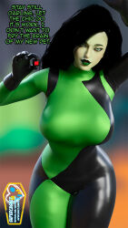  3d black_hair blender bodysuit breasts clothed dialogue femdom gloves green_eyes green_lipstick green_skin kim_possible_(series) large_breasts lipstick long_hair looking_at_viewer makeup microchip pov pov_sub seductive_smile shego signature standing supercasket tagme tech_control text tight_clothing 