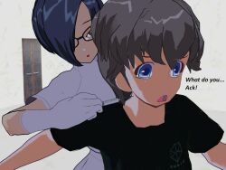 3d black_hair blue_eyes flamekin glasses gloves grey_hair hair_covering_one_eye injection nurse shirt short_hair syringe text