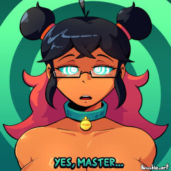  ahoge bangs bare_shoulders black_hair brushie_art collar collarbone dog_tags female_only femsub glasses green_background green_eyes hair_buns large_breasts long_hair looking_at_viewer multicolored_hair nude open_mouth original raiza_(elecbabble) red_hair solo spiral_background spiralwash_eyes tan_skin text 