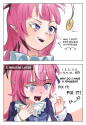  absurdres blush border camila_inpu clothed coin comic confused demon_girl denial elf_ears english_text eyebrows_visible_through_hair facial_markings femsub glatu humor imp open_mouth pendulum pink_hair scared simple_background smile speech_bubble spiral_eyes sweat symbol_in_eyes text unhappy_trance virtual_youtuber 