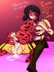 akirascrolls black_hair blonde_hair blue_hair chloe_bourgeois clothed_exposure cum cum_in_pussy female_only femsub happy_trance maledom marinette_dupain-cheng miraculous_ladybug super_hero symbol_in_eyes text twintails unhappy_trance