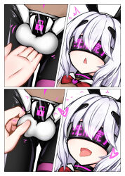  absurdres balls bow_tie bunny_boy bunny_ears chastity collar comic fake_animal_ears femboy heart latex malesub mastersprouts original tech_control tongue tongue_out visor 