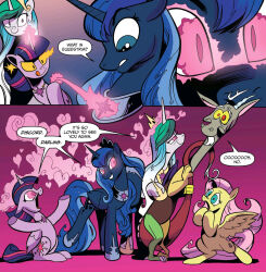  animals_only blue_hair comic dialogue discord femdom femsub fluttershy glowing glowing_eyes heart heart_eyes horse horse_girl hypnotic_accessory idw_comics long_hair magic multicolored_hair multiple_girls multiple_subs my_little_pony open_mouth pegasus pink_hair possession princess princess_celestia princess_luna purple_hair red_eyes smile speech_bubble symbol_in_eyes text twilight_sparkle western wings yellow_sclera 