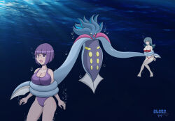  absurdres barefoot bikini black_hair blue_hair breasts bubble dlobo777 empty_eyes expressionless feet female_only femsub glasses large_breasts long_hair malamar multiple_girls multiple_subs nintendo one-piece_swimsuit open_mouth pokemon pokemon_(creature) pokemon_black_and_white pokemon_heartgold_and_soulsilver purple_hair sabrina shauntal short_hair straight-cut_bangs swimsuit underwater 