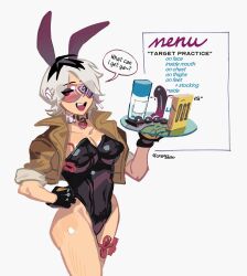  anal_beads ass blush border breasts bunny_ears cleavage coat collar dialogue dildo empty_eyes english_text femsub gloves happy_trance headphones heart hourglass_figure hypnotic_screen jeganzero multicolored_hair original quiver_(spicymancer) red_eyes sex_toy short_hair simple_background speech_bubble super_hero tech_control text tight_clothing tray vibrator visor white_hair 