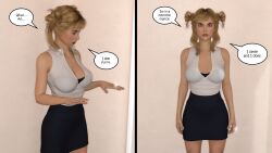3d ally_rivers ass bare_shoulders blonde_hair blue_eyes breasts cleavage collarbone comic expressionless female_only femsub hexxet huge_breasts ring skirt solo standing standing_at_attention text the_gift