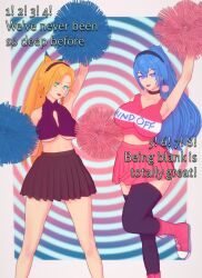  3d absurdres birthday blonde_hair blue_eyes blue_hair breasts cheerleader choker cleavage_cutout crop_top dialogue earrings female_only femsub green_eyes hairband happy_trance huge_breasts jasmine_(nettleseeds) long_hair mantra midriff multiple_girls multiple_subs original ponytail skirt smile spiral_background spiral_eyes text thehguy thighhighs underboob v-nettle_(nettleseeds) 