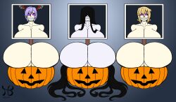 absurdres ass ass_focus black_hair blonde_hair bottomless collarbone crossover darkstalkers female_only femsub ghost_girl glory_wall gradient_background hair_covering_both_eyes happy_trance hiastobasement huge_ass huge_breasts kirika_akatsuki lilith_aensland multiple_girls multiple_subs nude purple_eyes purple_hair pussy sadako_yamamura senki_zesshou_symphogear short_hair signature simple_background smile spiral_eyes spiralwash_eyes the_ring through_wall topless very_long_hair