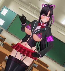  3d before_and_after bikini_top black_hair blackboard blush bondage bow_tie classroom clothed collar corset custom_maid_3d_2 dfish303 drool empty_eyes erect_nipples erect_nipples_under_clothes female_only femsub garter_straps gloves happy_trance high_heels large_breasts looking_at_viewer miniskirt navel_piercing nipple_piercing pink_eyes ponytail pubic_hair pussy_juice ribbon school_uniform skirt smile standing thigh_boots thighhighs underwear uniform 