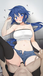  absurdres ahoge altered_common_sense anshin_mama bare_shoulders blue_eyes blue_hair breasts censored cleavage clothed_sex collarbone cracklecradle empty_eyes femsub happy_trance holding_hands jean_shorts large_breasts long_hair maledom navel no_panties penis pov pov_dom riko_tenazaki sex shorts thighhighs tomboy tube_top unaware virginity_loss wholesome 