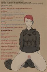  absurdres bare_legs blue_eyes bottomless caption clefspear clothed_exposure earpiece empty_eyes femsub legs looking_at_viewer male_pov maledom military_uniform original pov pov_dom pubic_hair pussy red_hair sara_morlin short_hair spread_legs tagme text trigger 