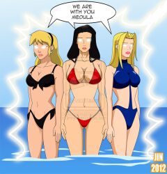 beach bikini black_hair blonde_hair breasts dc_comics dialogue expressionless female_only femdom femsub glowing glowing_eyes jimryu large_breasts long_hair standing standing_at_attention super_hero supergirl superman_(series) swimsuit text whitewash_eyes wonder_girl wonder_woman young_justice