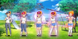  before_and_after bimbofication brain_drain breast_expansion breasts consensual corruption empty_eyes female_only femsub jean_shorts jeans kisekae mercuryvert red_hair text tomboy transformation 