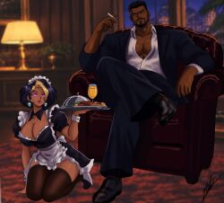  beard breasts chair cigar cleavage clothed complex_background crossed_legs dark_skin domina_(overwatch) dwight_masters_(acc) earrings femsub food happy_trance kneeling large_breasts maid maledom mustache night original overwatch short_hair sitting spiral_eyes suit thighhighs tray usaginita 