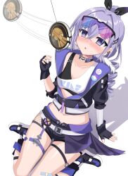  blush breasts clothed coin drill_hair earrings female_only femsub fingerless_gloves glasses gloves hair_ribbon heart_eyes honkai_star_rail kneeling midriff navel open_mouth pendulum ponytail purple_eyes purple_hair ribbon short_shorts silver_wolf_(honkai_star_rail) simple_background small_breasts solo sunglasses symbol_in_eyes white_background yasu 