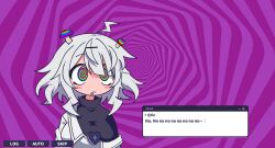  ahoge alliance_arts blush clothed drool female_only femsub hair_clips jacket mushroom qtie_(yunyun_syndrome_rhythm_psychosis) rainbow_eyes screenshot short_hair spiral_background spiral_eyes sweater symbol_in_eyes text white_hair yunyun_syndrome_rhythm_psychosis 