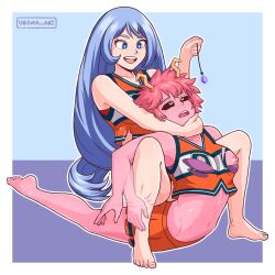 arched_back black_sclera blue_eyes blue_hair breasts cheerleader collarbone crystal exposed_chest feet female_only femdom femsub hex_(manipper) horns long_hair mina_ashido my_hero_academia nejire_hado nipples open_mouth pendulum pink_hair pink_skin resisting short_hair skirt small_breasts smile topless torn_clothes vesna_art_(artist) wrestling yellow_eyes 