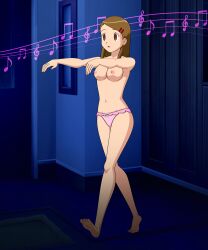 absurdres barefoot breasts brown_eyes brown_hair digimon earrings empty_eyes erect_nipples expressionless female_only femsub hypnotic_audio hypnotic_music jewelry jimryu kari_kamiya large_breasts open_mouth panties short_hair solo topless underwear zombie_walk
