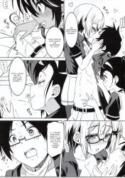 dialogue eitarou empty_eyes femsub fumino_furuhashi glasses happy_trance kissing licking long_hair monochrome ogata_rizu short_hair takemoto_uruka text we_never_learn yuiga_nariyuki