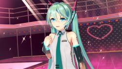  3d absurdres arm_warmers bare_shoulders blue_eyes blue_hair boots breasts cyan_hair female_only koikatsu! looking_at_viewer miku_hatsune panties see-through shirt skirt small_breasts smile solo standing taihou1944 tattoo tie twintails very_long_hair vocaloid 