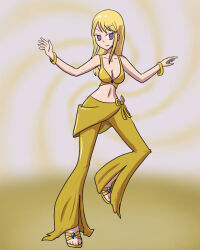  blonde_hair breasts dancer dancing fairy_tail happy_trance harem_outfit lucy_heartfilia mythkaz sandals skirt symbol_in_eyes 