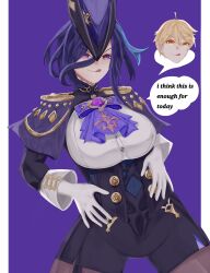  absurdres aether_(genshin_impact) black_hair blonde_hair breasts clorinde_(genshin_impact) clothed dialogue english_text femsub genshin_impact gloves hand_on_hip hat large_breasts maledom possession purple_background purple_eyes simple_background speech_bubble text tongue tongue_out yang_yang yellow_eyes 