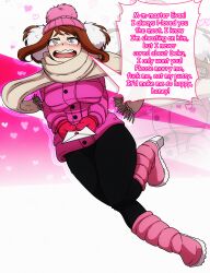 blush boots brown_hair clothed dialogue earmuffs female_only femsub hat heart jacket love mittens my_hero_academia netorare ninalife31 ochaco_uraraka open_mouth scarf short_hair simple_background smile solo speech_bubble spiral_eyes text yoga_pants 