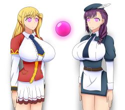  belt blonde_hair braid breasts enome_(futoku_no_guild) expressionless female_only femsub futoku_no_guild huge_breasts hypnotic_orb large_breasts nell_(reincarnated_as_a_sword) orb purple_eyes purple_hair reincarnated_as_a_sword side_ponytail skirt soex spiral_eyes standing standing_at_attention symbol_in_eyes tagme thighs tie white_background 