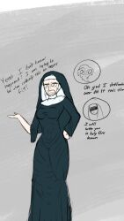  absurdres androgynous_dom aware body_control breast_expansion breasts clothed dialogue english_text femsub ghost grey_background hand_on_hip lying nun original possession simple_background sweat tagme text tight_clothing veillied white_background 
