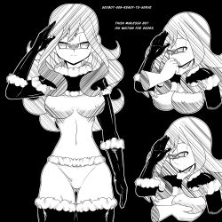  bottomless breast_grab breasts clothed_exposure expressionless fairy_tail femsub finger_in_mouth idpet juvia_loxar monochrome nude robotic_trance standing standing_at_attention text topless 