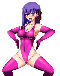  blush breasts cameltoe cleavage drool eyebrows_visible_through_hair fate/stay_night fate_(series) female_only femsub gloves haigure hair_ribbon leotard long_hair navel open_mouth opera_gloves purple_eyes purple_hair ribbon sakura_matou sansiki03 solo spread_legs squatting thighhighs tight_clothing tongue tongue_out white_background 