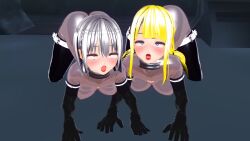  3d all_fours ass blonde_hair blue_eyes blush bodysuit boots collar crossed_eyes custom_maid_3d_2 empty_eyes eye_roll female_only femsub gloves high_heels large_breasts latex lipstick long_hair multiple_girls multiple_subs open_mouth opera_gloves red_eyes red_lipstick remilinlin rubber see-through short_hair silver_hair thigh_boots thighhighs tongue tongue_out 