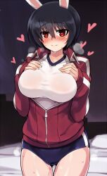 animal_ears artist_request black_hair blush breasts bunny_ears bunnysuit fake_animal_ears gym_uniform heart heart_eyes large_breasts pussy_juice sadako_shimohara short_hair source_request strike_witches sweat symbol_in_eyes