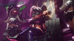  callie_(splatoon) chair clothed corruption crossed_legs dark_skin enemy_conversion female_only hand_on_hip hypnoshades hypnotic_accessory hypnotic_screen large_breasts multiple_girls nintendo octoling octoling_girl sitting splatoon splatoon_2 tealgerudo underboob visor 
