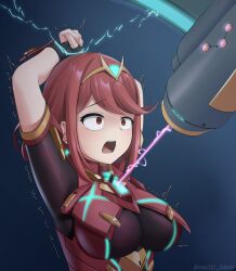  arms_above_head brown_eyes clothed femsub maozi_dan nintendo open_mouth pyra_(xenoblade) red_hair restrained trembling xenoblade_chronicles xenoblade_chronicles_2 