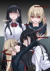 absurdres ass bangs blonde_hair bow_tie breasts comic dialogue elf_ears expressionless fangs female_only femdom femsub glowing glowing_eyes hug hypnotic_eyes large_breasts leaning_forward long_hair looking_at_viewer original pov red_eyes school_uniform size_difference skirt slit_pupils slouching small_breasts smile straight-cut_bangs text utsuro_butai vampire