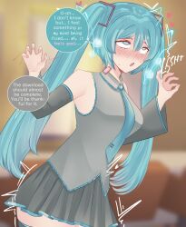  bare_shoulders blue_eyes blush breasts clothed cyan_hair electricity eye_roll femsub heart miku_hatsune missmilkou open_mouth sequence sweat symbol_in_eyes text twintails vocaloid 