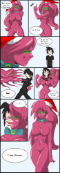  absurdres black_hair bow_tie breasts christmas comic femdom glowing glowing_eyes goo_girl green_eyes hat jellax large_breasts malesub monster_girl pink_skin possession red_hair resisting sailor_moon_(series) santa_hat slime tentacles text tfsubmissions transformation twintails 